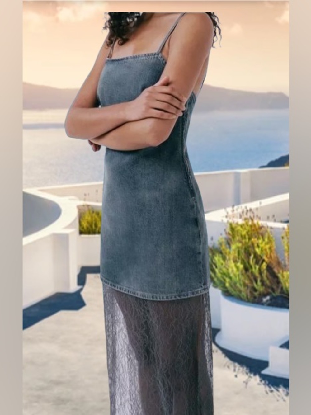 Zara Denim-Look Midi Slip Dress in Washed Gray with Sheer Lace Skirt